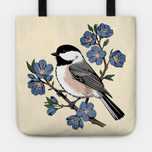 Black-Capped Chickadee with Soft Blue Blossoms Tote