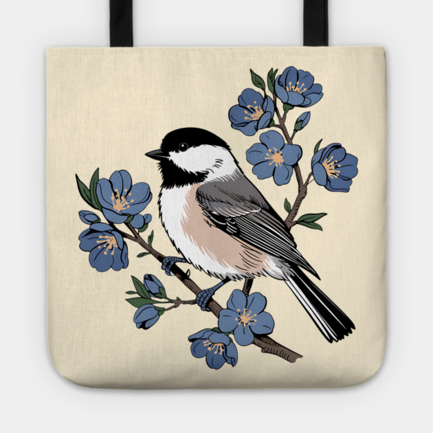 Black-Capped Chickadee with Soft Blue Blossoms Tote by BirdsnStuff