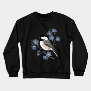 Black-Capped Chickadee with Soft Blue Blossoms Crewneck Sweatshirt