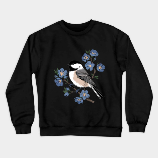 Black-Capped Chickadee with Soft Blue Blossoms Crewneck Sweatshirt by BirdsnStuff