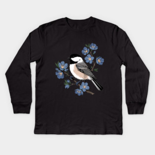 Black-Capped Chickadee with Soft Blue Blossoms Kids Long Sleeve T-Shirt