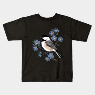 Black-Capped Chickadee with Soft Blue Blossoms Kids T-Shirt