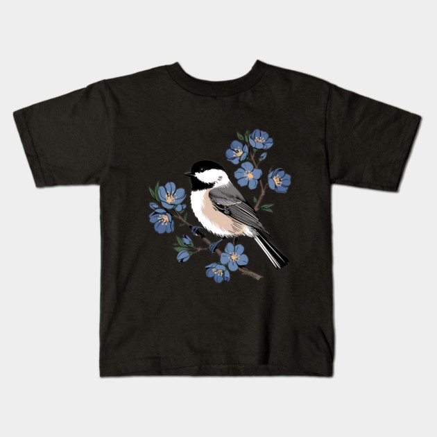 Black-Capped Chickadee with Soft Blue Blossoms Kids T-Shirt by BirdsnStuff