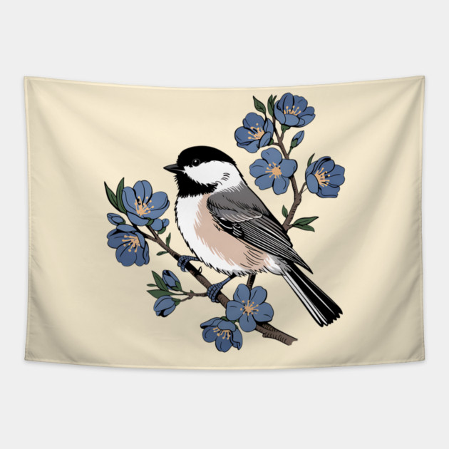 Black-Capped Chickadee with Soft Blue Blossoms Tapestry by BirdsnStuff