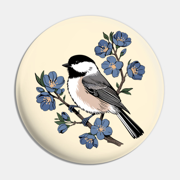 Black-Capped Chickadee with Soft Blue Blossoms Pin by BirdsnStuff