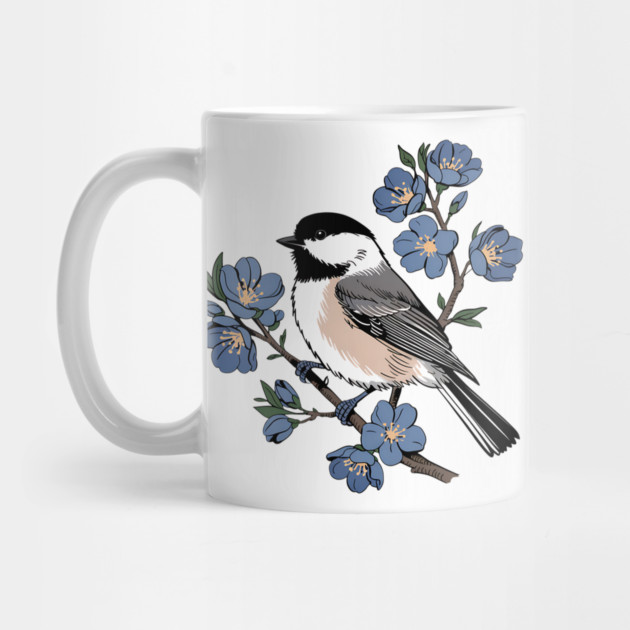 Black-Capped Chickadee with Soft Blue Blossoms by BirdsnStuff