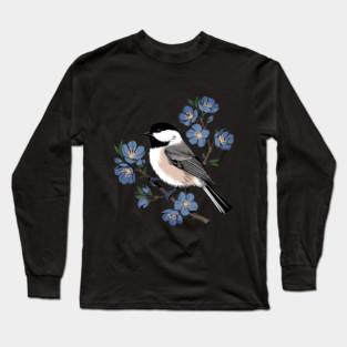 Black-Capped Chickadee with Soft Blue Blossoms Long Sleeve T-Shirt
