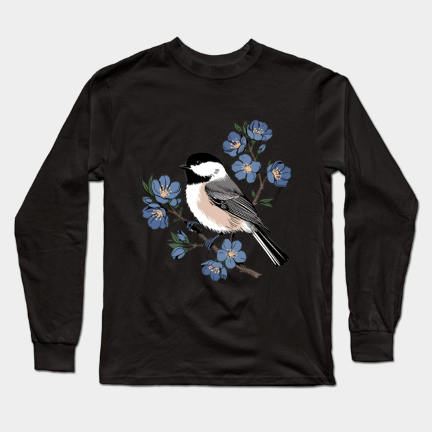 Black-Capped Chickadee with Soft Blue Blossoms Long Sleeve T-Shirt by BirdsnStuff