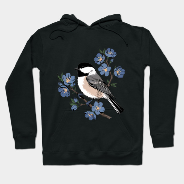 Black-Capped Chickadee with Soft Blue Blossoms Hoodie by BirdsnStuff