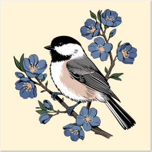 Black-Capped Chickadee with Soft Blue Blossoms Posters and Art