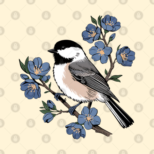 Black-Capped Chickadee with Soft Blue Blossoms by BirdsnStuff