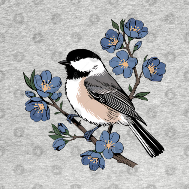 Black-Capped Chickadee with Soft Blue Blossoms by BirdsnStuff