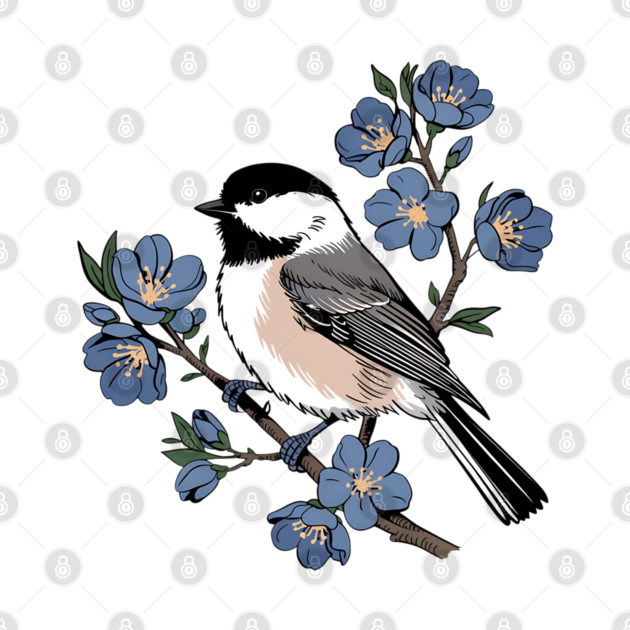 Black-Capped Chickadee with Soft Blue Blossoms by BirdsnStuff