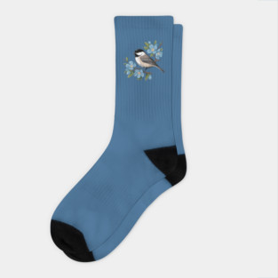 Spring Black-Capped Chickadee with Bright Blue Blossoms Socks