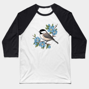 Spring Black-Capped Chickadee with Bright Blue Blossoms Baseball T-Shirt