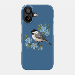 Spring Black-Capped Chickadee with Bright Blue Blossoms Phone Case