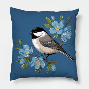 Spring Black-Capped Chickadee with Bright Blue Blossoms Pillow
