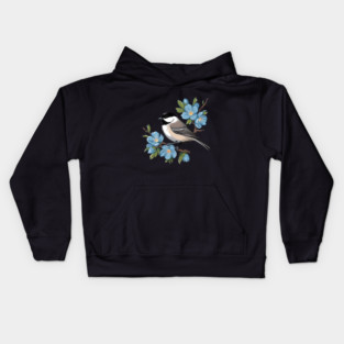 Spring Black-Capped Chickadee with Bright Blue Blossoms Kids Hoodie