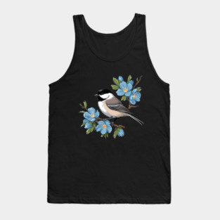Spring Black-Capped Chickadee with Bright Blue Blossoms Tank Top