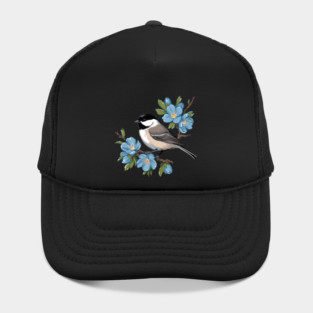 Spring Black-Capped Chickadee with Bright Blue Blossoms Hat