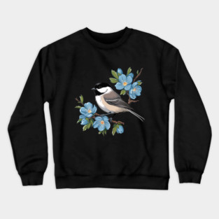 Spring Black-Capped Chickadee with Bright Blue Blossoms Crewneck Sweatshirt