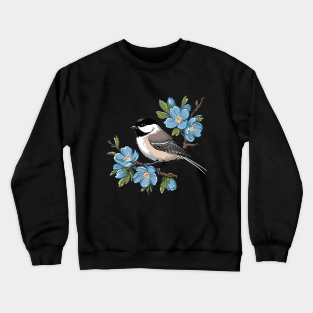 Spring Black-Capped Chickadee with Bright Blue Blossoms Crewneck Sweatshirt by BirdsnStuff