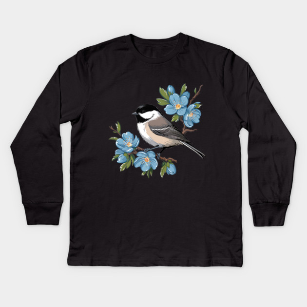 Spring Black-Capped Chickadee with Bright Blue Blossoms Kids Long Sleeve T-Shirt by BirdsnStuff