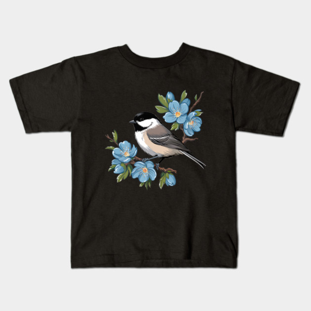 Spring Black-Capped Chickadee with Bright Blue Blossoms Kids T-Shirt by BirdsnStuff