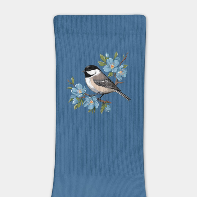 Spring Black-Capped Chickadee with Bright Blue Blossoms by BirdsnStuff
