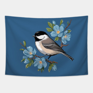 Spring Black-Capped Chickadee with Bright Blue Blossoms Tapestry