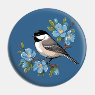 Spring Black-Capped Chickadee with Bright Blue Blossoms Pin