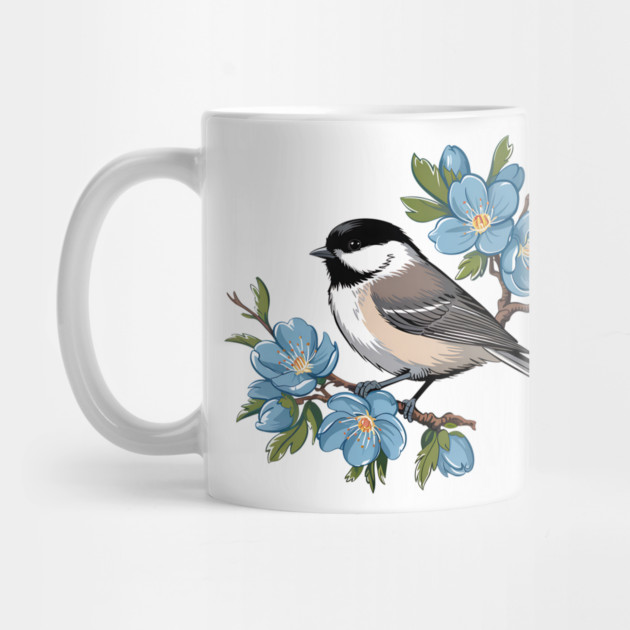 Spring Black-Capped Chickadee with Bright Blue Blossoms by BirdsnStuff