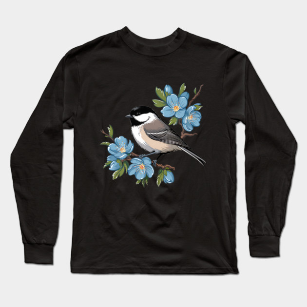 Spring Black-Capped Chickadee with Bright Blue Blossoms Long Sleeve T-Shirt by BirdsnStuff