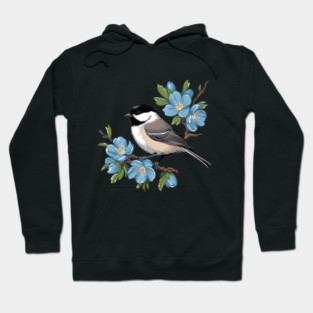 Spring Black-Capped Chickadee with Bright Blue Blossoms Hoodie