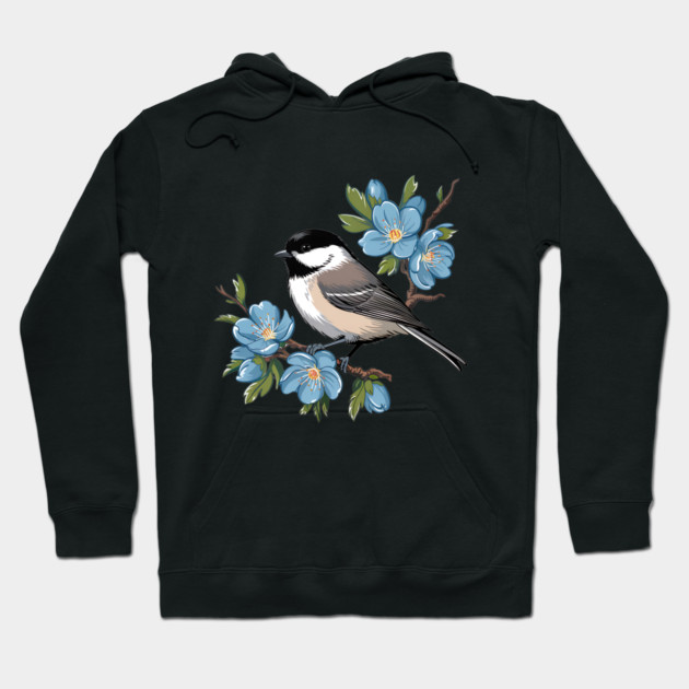 Spring Black-Capped Chickadee with Bright Blue Blossoms Hoodie by BirdsnStuff