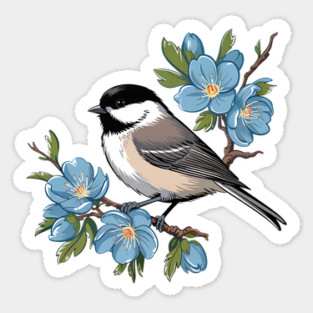Spring Black-Capped Chickadee with Bright Blue Blossoms Sticker