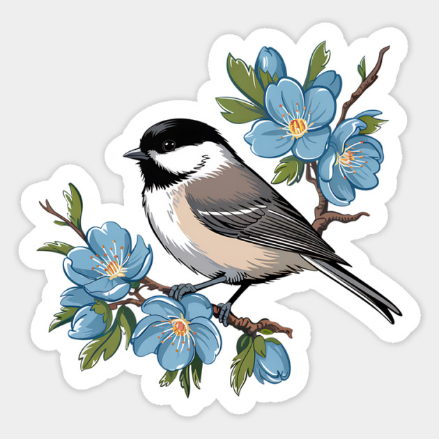 Spring Black-Capped Chickadee with Bright Blue Blossoms Magnet by BirdsnStuff