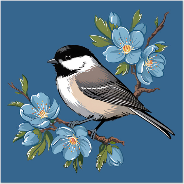 Spring Black-Capped Chickadee with Bright Blue Blossoms Wall Art by BirdsnStuff