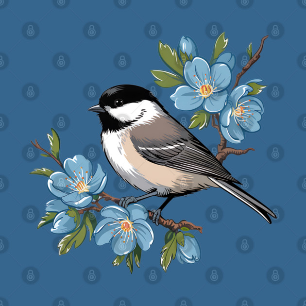 Spring Black-Capped Chickadee with Bright Blue Blossoms by BirdsnStuff