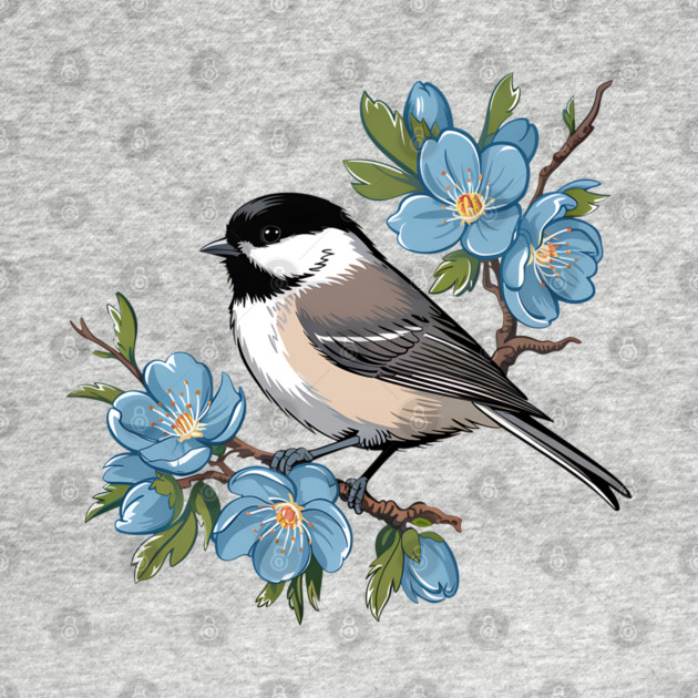 Spring Black-Capped Chickadee with Bright Blue Blossoms by BirdsnStuff