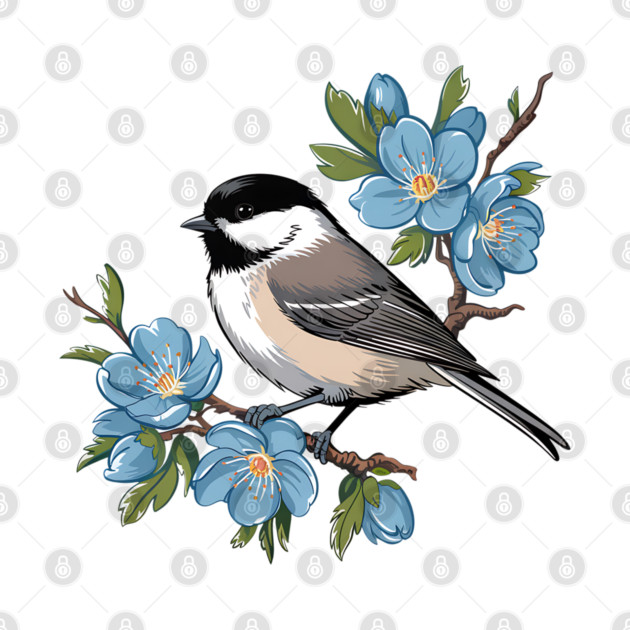 Spring Black-Capped Chickadee with Bright Blue Blossoms by BirdsnStuff