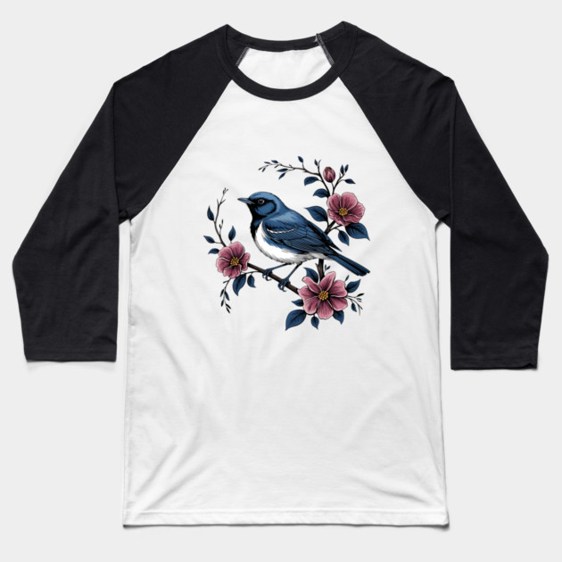 Black-Throated Blue Warbler with Rose Garden Flowers Baseball T-Shirt by BirdsnStuff