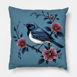 Black-Throated Blue Warbler with Rose Garden Flowers Pillow