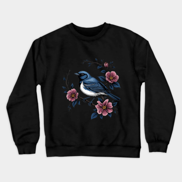 Black-Throated Blue Warbler with Rose Garden Flowers Crewneck Sweatshirt by BirdsnStuff