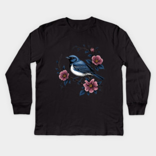 Black-Throated Blue Warbler with Rose Garden Flowers Kids Long Sleeve T-Shirt