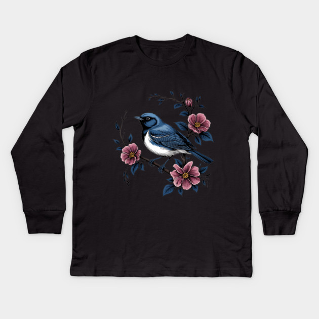 Black-Throated Blue Warbler with Rose Garden Flowers Kids Long Sleeve T-Shirt by BirdsnStuff
