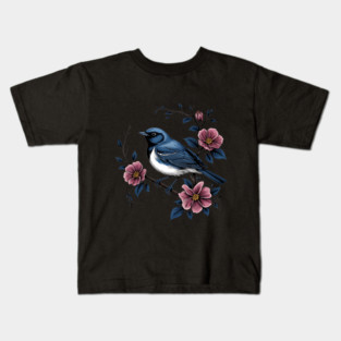Black-Throated Blue Warbler with Rose Garden Flowers Kids T-Shirt