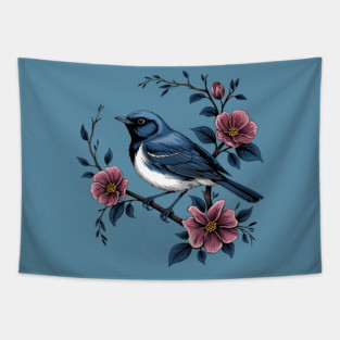 Black-Throated Blue Warbler with Rose Garden Flowers Tapestry
