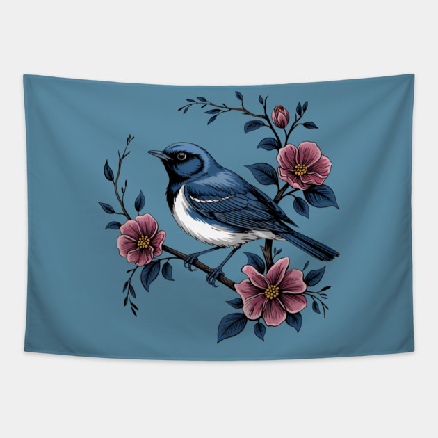 Black-Throated Blue Warbler with Rose Garden Flowers Tapestry by BirdsnStuff