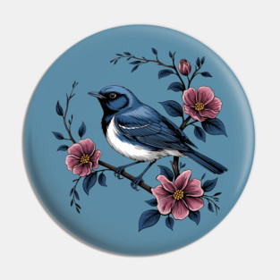 Black-Throated Blue Warbler with Rose Garden Flowers Pin